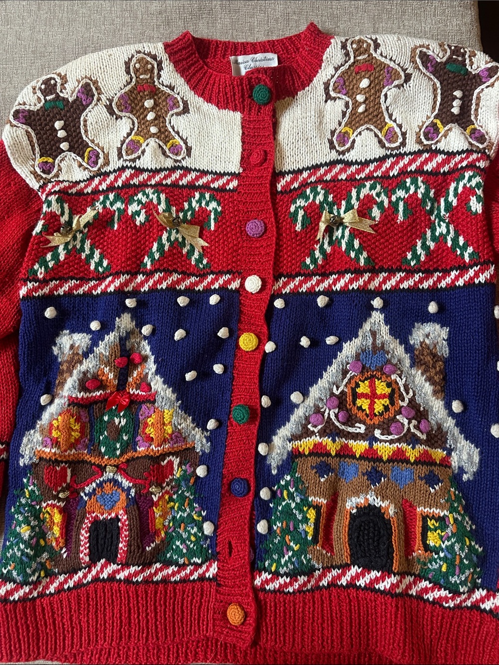 Vintage Marisa Christina 1992 handknit Christmas cardigan sweater gingerbread  M - Picture 5 of 6